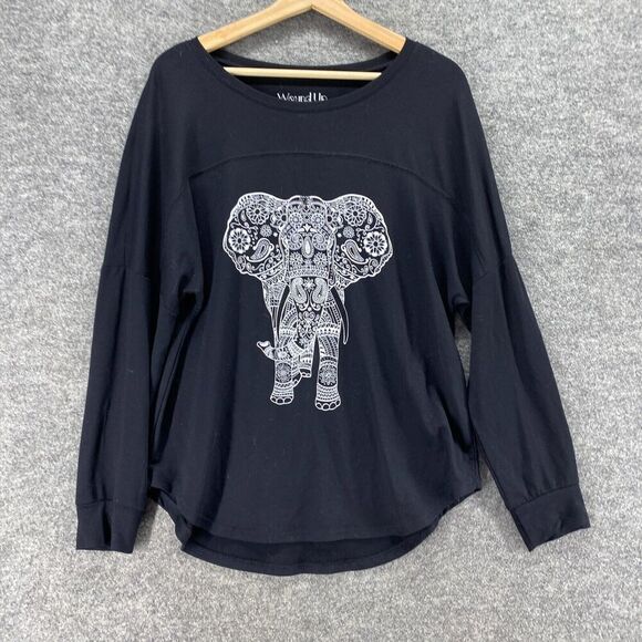 Wound Up Top Women L Large Black Elephant Print Long Sleeve Round Neck Rayon - Picture 4 of 8
